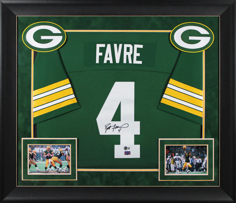 Brett Favre Signed Green Bay Packers 1996 M&N Throwback Framed Football Jersey with Beckett Witness